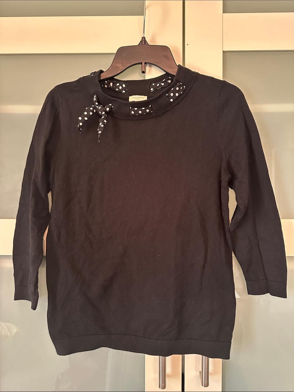 Talbots Black Sweater with Polka Dot Neck Tie